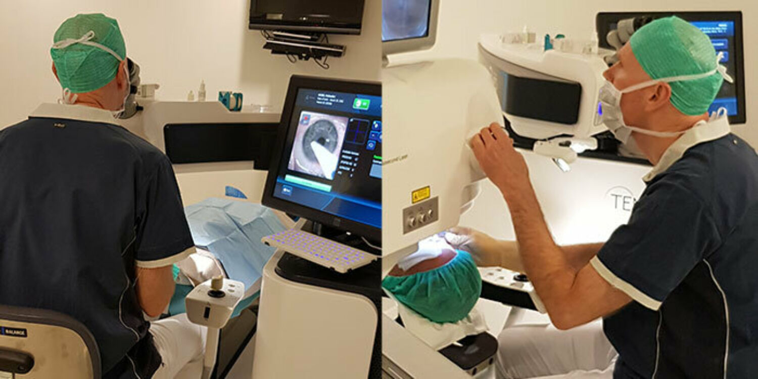 Bilde av Maria Skappel Holzweiler under laseroperasjon og en øyekirurg fra ABC-synskirurgi